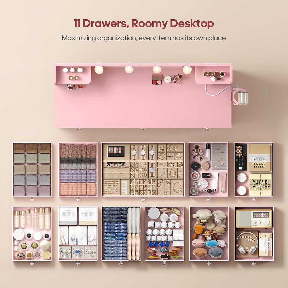 Pink Vanity Desk with Mirror and Lights, 11 Drawers, 43.3", Power Strip ...