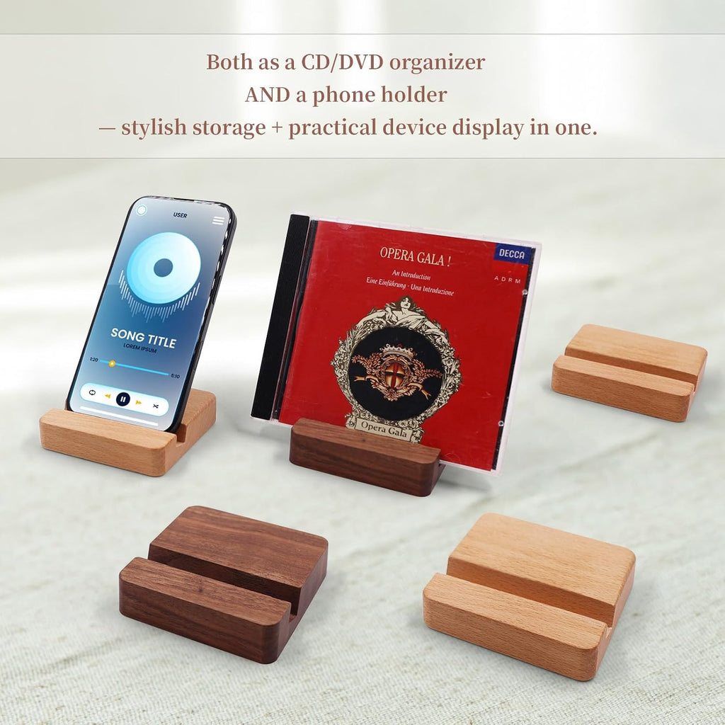 Wooden CD Display Rack, DVD Holder & Phone Stand, Solid Wood Display for CD/DVD/Phone/Picture - 2 pcs (Brown)