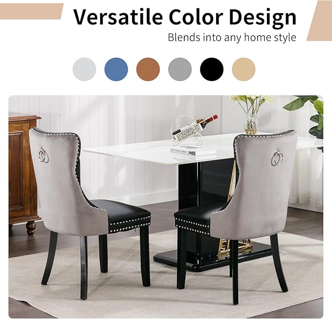 Modern Dining Chairs Set of 4, Tufted Upholstered Dining Chair with Solid Wood Legs, Velvet and Leather Dining Chairs, Sillas de Comedor, Comfy Kitchen Chair (Black+Gray, 4Pcs)