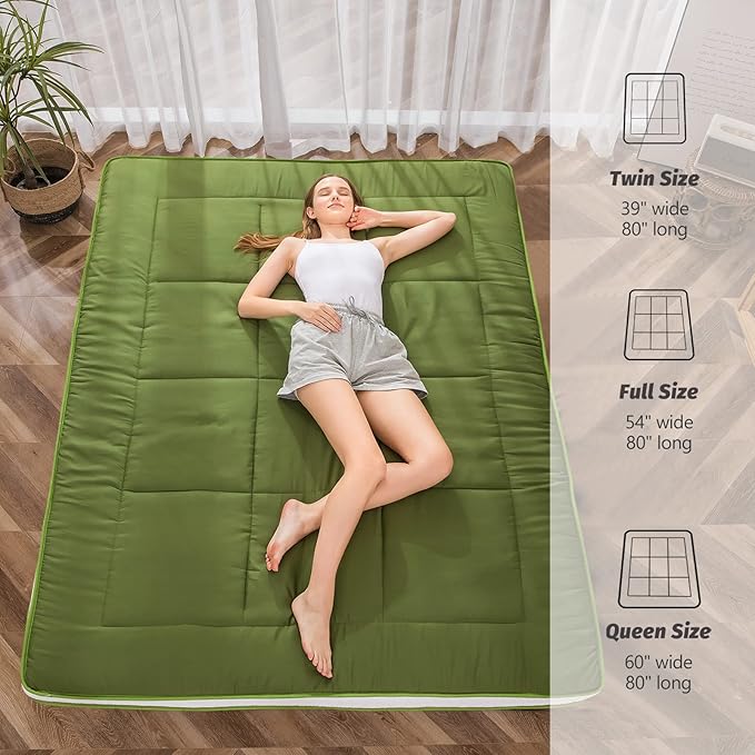 MAXYOYO King Futon Mattress Foam Mattress Topper, Japanese Floor Mattress Foldable Mattress Futon Bed Mattress Pad Guest Bed Mattress, Extra Thick Folding Floor Couch for Adults, Green King Floor Bed