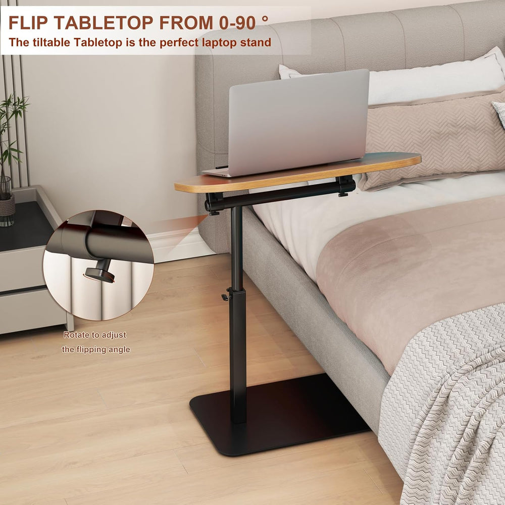 Solid Wood C Shaped Side Table for Sofa/Bed, Adjustable Height C Shaped End T...