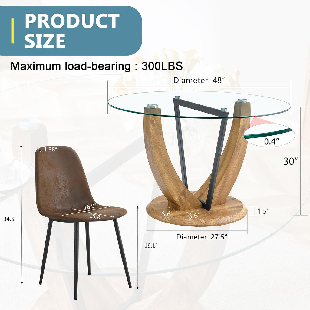 JUFU Round Dining Table Set for 6, 48" Table and Chairs Set of 6 with Faux Marble Tabletop and PU Upholstered Brown-0501 Chairs, Modern 6 Seater Dining Table Set for Dinning Room, Kitchen