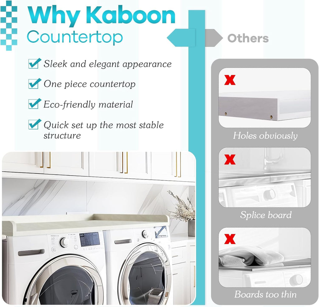 Kaboon Washer Dryer Countertop, Melamine Countertop with Edge Rails - 27.5" Depth x 54" Width Laundry Room Organization, Sea Salt/Greylish White