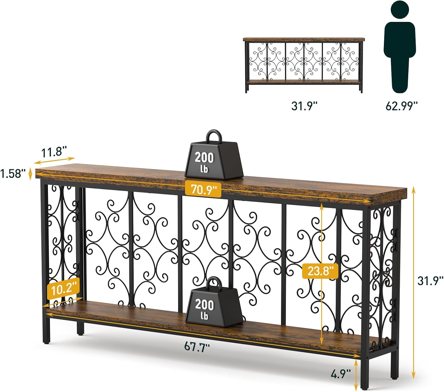 ikkle 70.9" Narrow Sofa Table Behind Couch with 2-Tier Storage Shelf. | Industrial Console Table with Auspicious Cloud Design and Premium Water-Resistant Wood Finish.Fit for Entryway, Living Room.