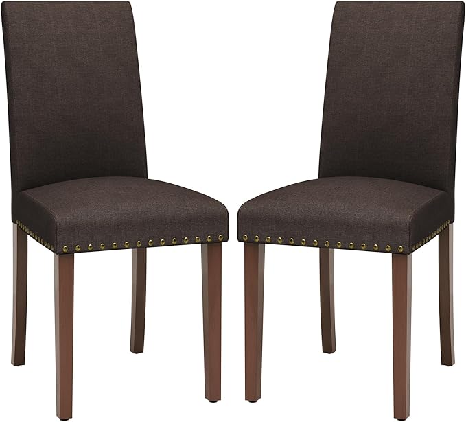 TLSUNNY Upholstered Dining Chairs Set of 2/4, Tufted Parsons Design with Nail Head Trim, Solid Wood Legs and Padded Seat, Comfortable Fabric for Dining Room, Kitchen (Brown, Set of 2)