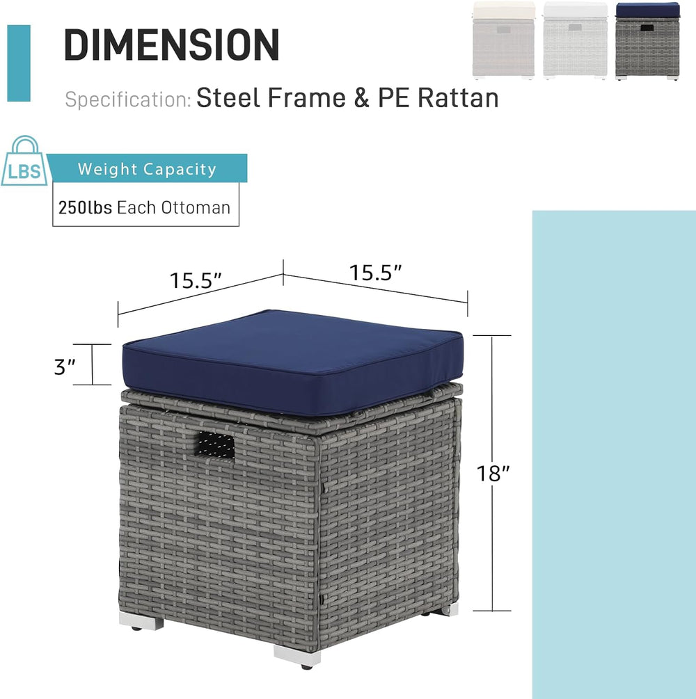 Patiorama 2 Piece Outdoor Patio Ottoman with Storage, Wicker, Navy Blue