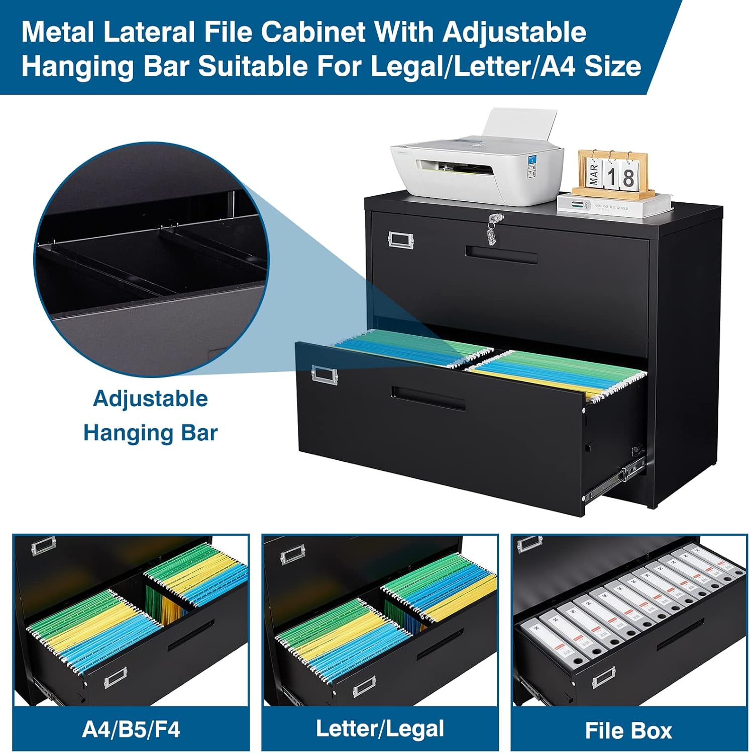 2 Drawer File Cabinet, Lateral Filing Cabinets for Home Office, Office Storage Drawers with Lock, Hanging Files Legal/Letter A4 Size (Assemble Required,Black)