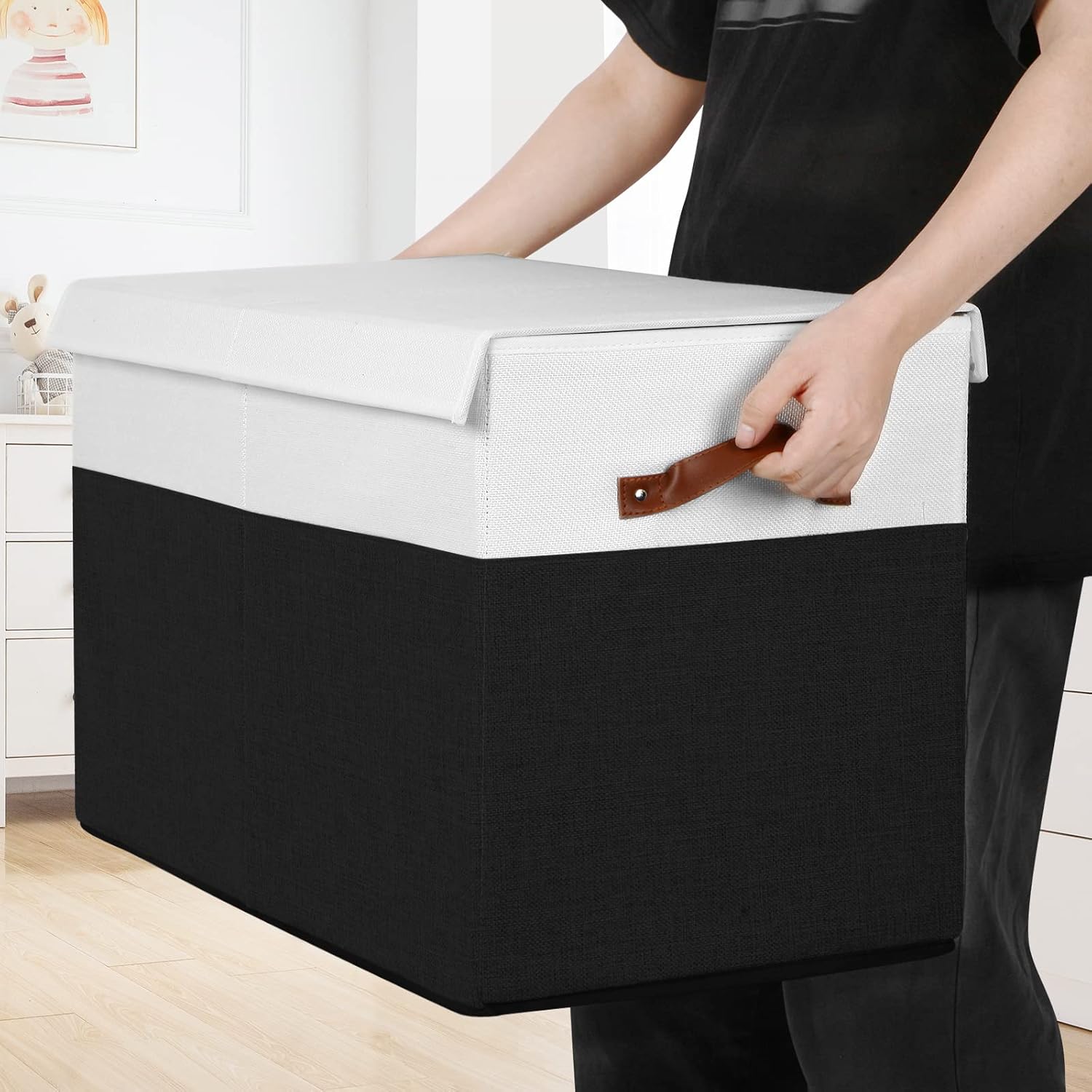 Large Toy Storage Box with Lid, Sturdy Toys Storage Chest Bin Organizer Basket with Dividers for Kids, Boys, Girls, Nursery, Closet, Bedroom, Playroom 25"x13" x16" (Black and White)