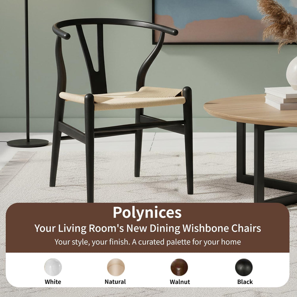 Polynices Wishbone Chair, Woven Dining Chair (Black Frame + Natural Cord) | 1...