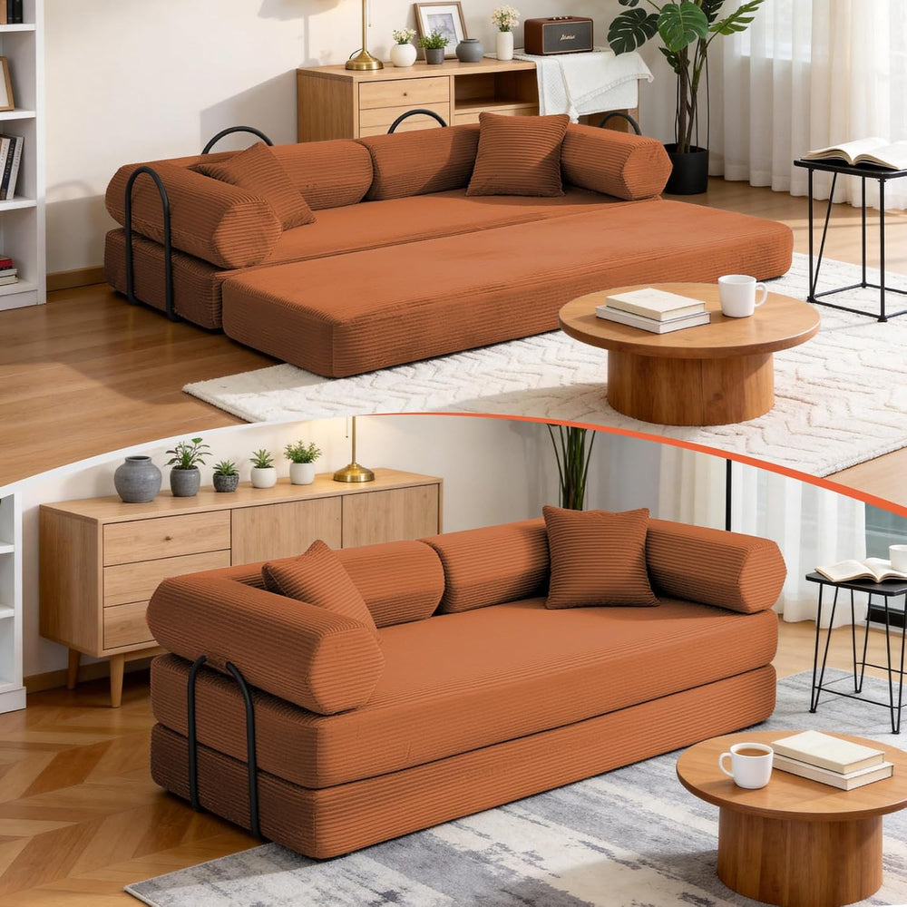 79" Corduroy Sofa Bed, Couch in a Box with 2 Pillows, High-Density Foam ...