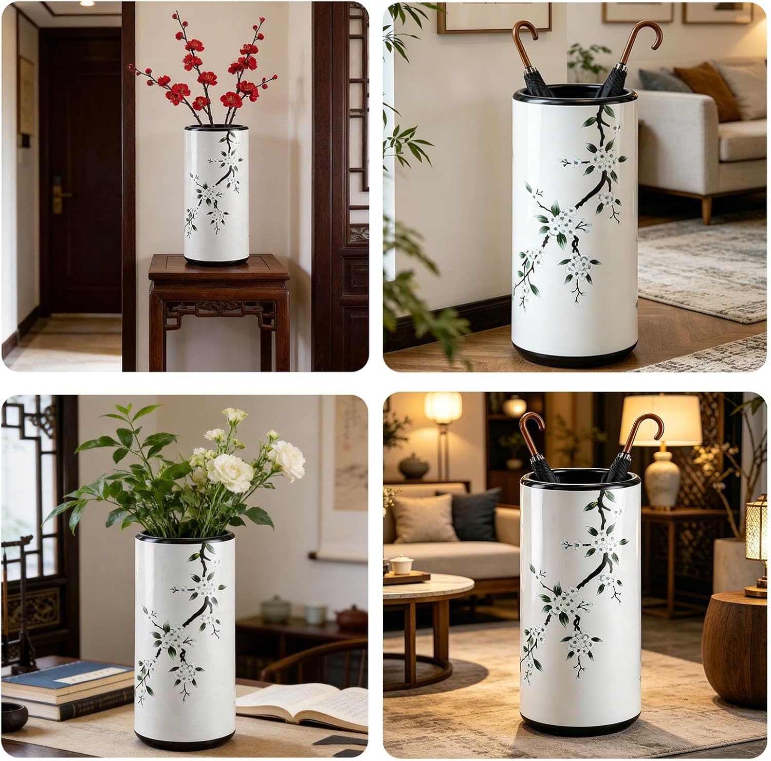 White, W19.5 X H44 Cm, Ceramic Umbrella Stand, Freestanding Decorative Vase, Wide-Mouth Design, Non-Slip Stable Base, for Home Decor, Family Use, and Living Rooms