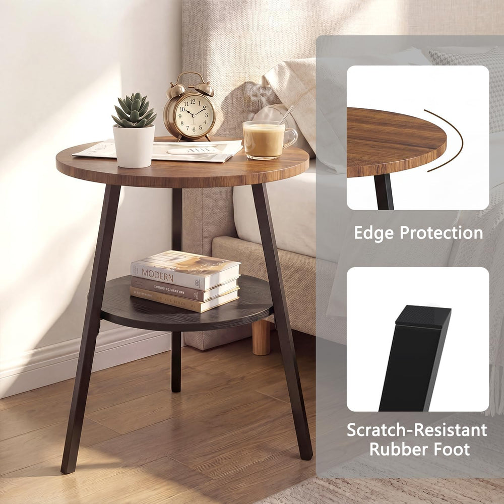 Round End Table, 2-Tier Side Table with Storage Shelf for Small Spaces, Night...
