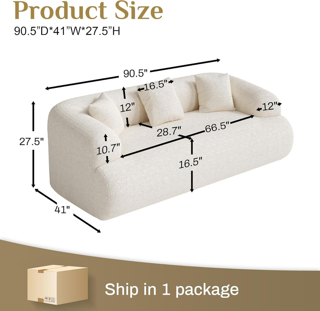 91" Modern Curved Couch,3 Seater Boneless Sofa & Deep Seat,Beige White | Cute Curve Sofa with Soft Chenille,High Foam and Oversized Deep for Modern Living Rooms, Bedrooms ,Apartments,No Assembly