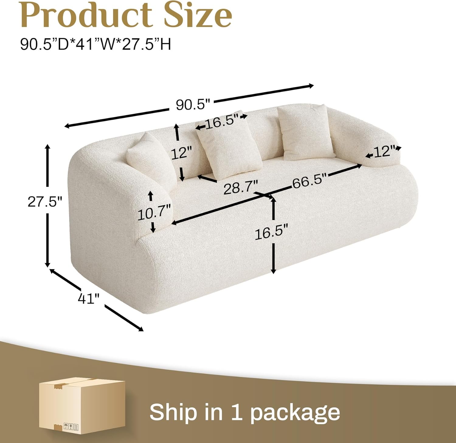 91" Modern Curved Couch,3 Seater Boneless Sofa & Deep Seat,Beige White | Cute Curve Sofa with Soft Chenille,High Foam and Oversized Deep for Modern Living Rooms, Bedrooms ,Apartments,No Assembly