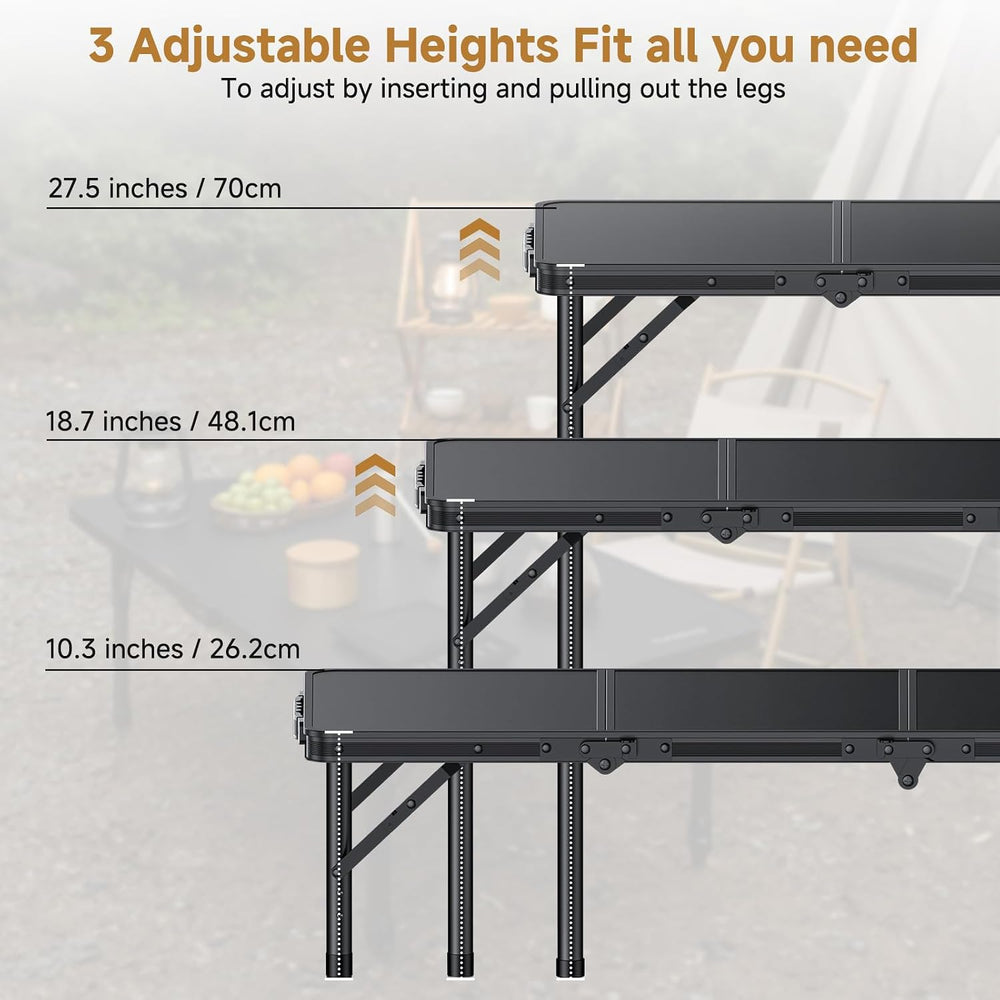 Folding Camping Table, 34.2"x15.7" 3 Adjustable Height Max 27.5&quo...