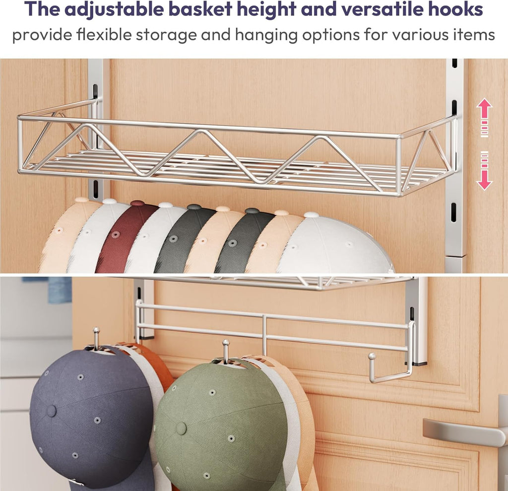SWTYMIKI Over Door Hat Organizer - 5 Tier Wall Mounted Hat Rack with 4 Adjustable Metal Basket Heights Design and 3 Hooks, Baseball Cap Organizer Storage Holds up to 49 Caps for Door, Bedroom, Closet