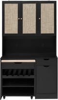 69" Kitchen Pantry Cabinet with Microwave Stand & Rolling Cart - Freestanding Storage Cabinet, 3 Rattan Doors, Adjustable Shelves, Anti-Tip Design for Kitchen, Dining Room, Black