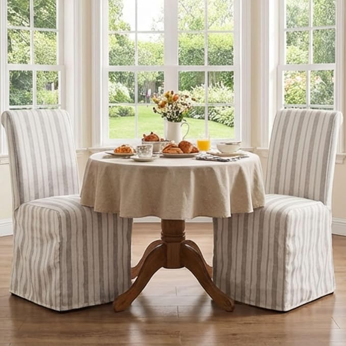 Parsons Dining Chairs Set of 2 Upholstered Linen Fabric Kitchen Chairs with Removable Skirt, High Back Side Chairs with Solid Wood Legs for Dining/Living Room, Banquet,Khaki