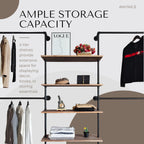 Industrial Pipe Clothing Rack, Wall Mounted Garment Hanging Rack with Shelves, 14.6x122.8x82.7 Inches, Model Y05