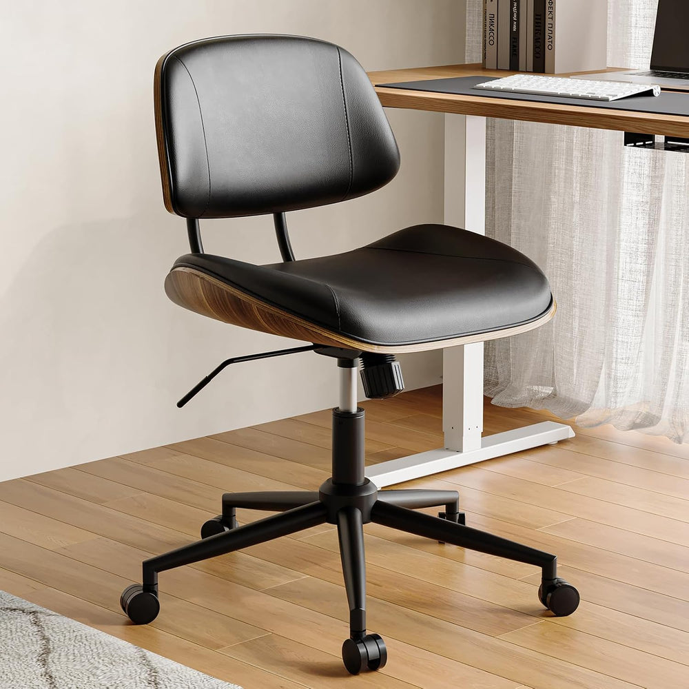 Armless Office Chair with Wheels, PU Leather Desk Chair, Black | Adjustable H...