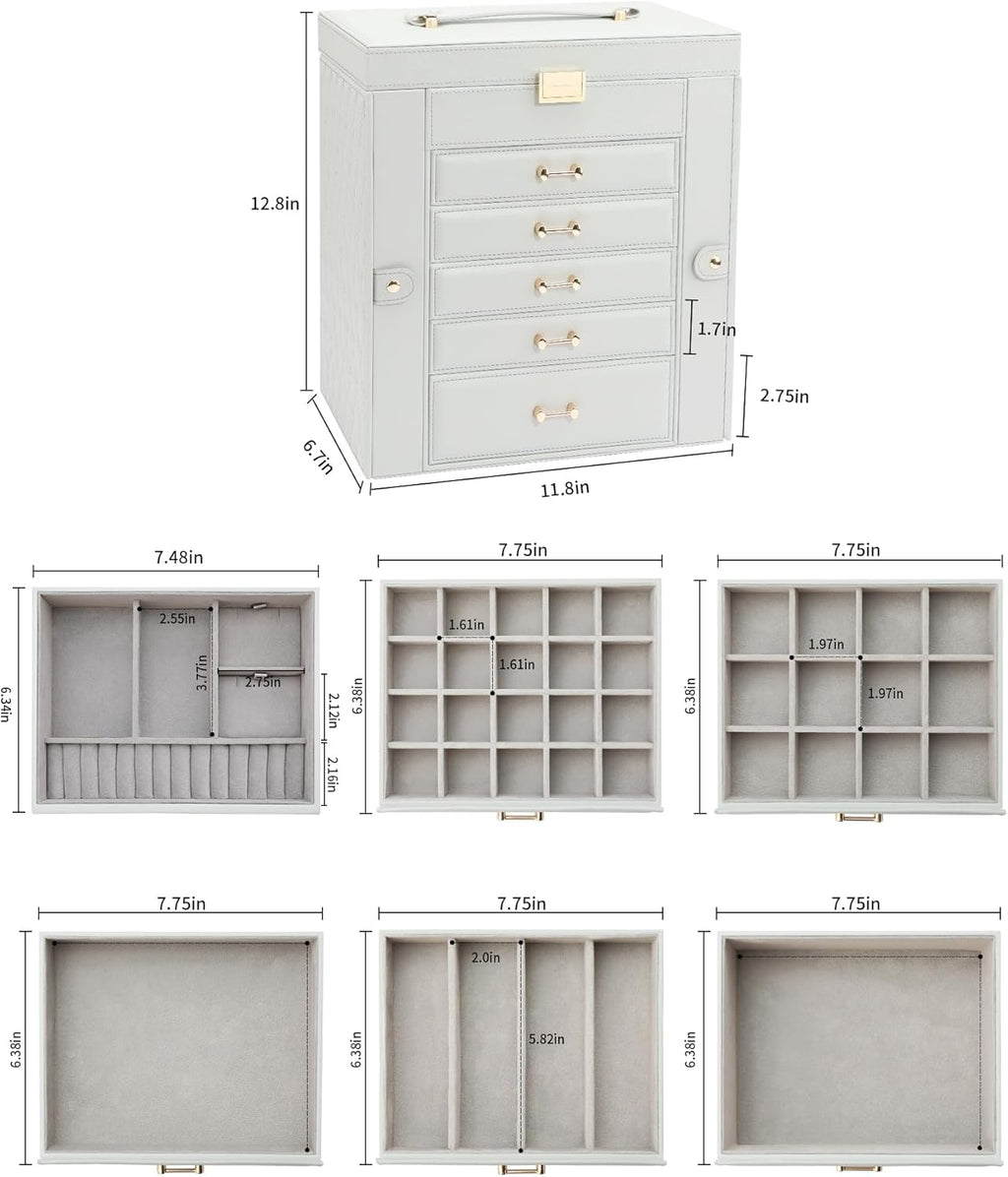 Large Jewelry Box, Jewelry Boxes for Women Large Jewelry Organizers and Storage, Jewelry Organizer for Rings Earrings Necklaces Glasses Bracelets Watches, Grey