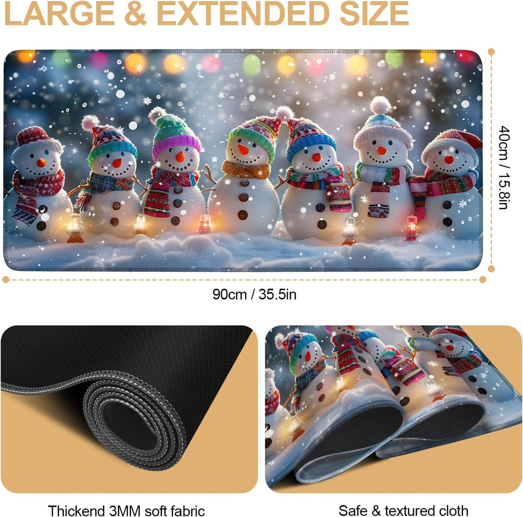 Large Mouse Pad, Snowman Christmas Desk Mat, Extended Gaming Mouse Pad with Non-Slip Rubber Base, Thick 3mm Smooth Surface Keyboard Mat for Office & Home,35.5 x 15.8 in