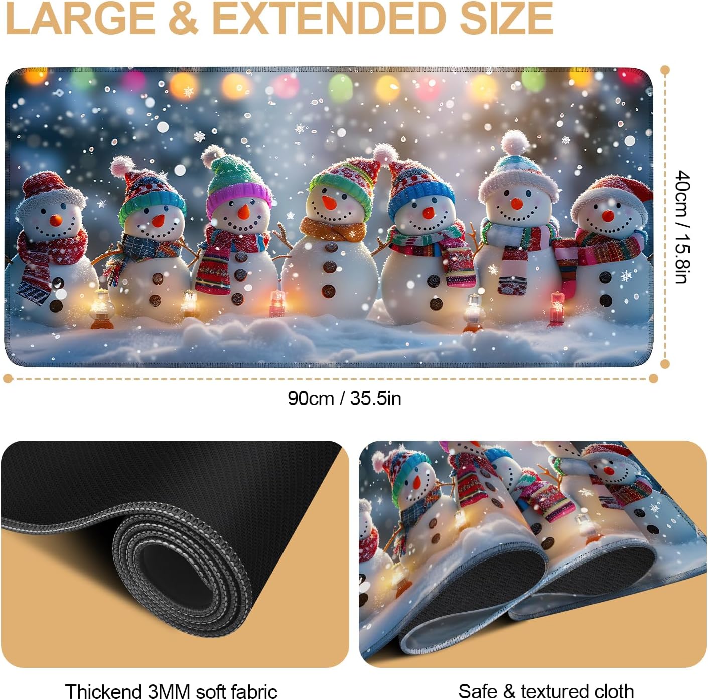 Large Mouse Pad, Snowman Christmas Desk Mat, Extended Gaming Mouse Pad with Non-Slip Rubber Base, Thick 3mm Smooth Surface Keyboard Mat for Office & Home,35.5 x 15.8 in
