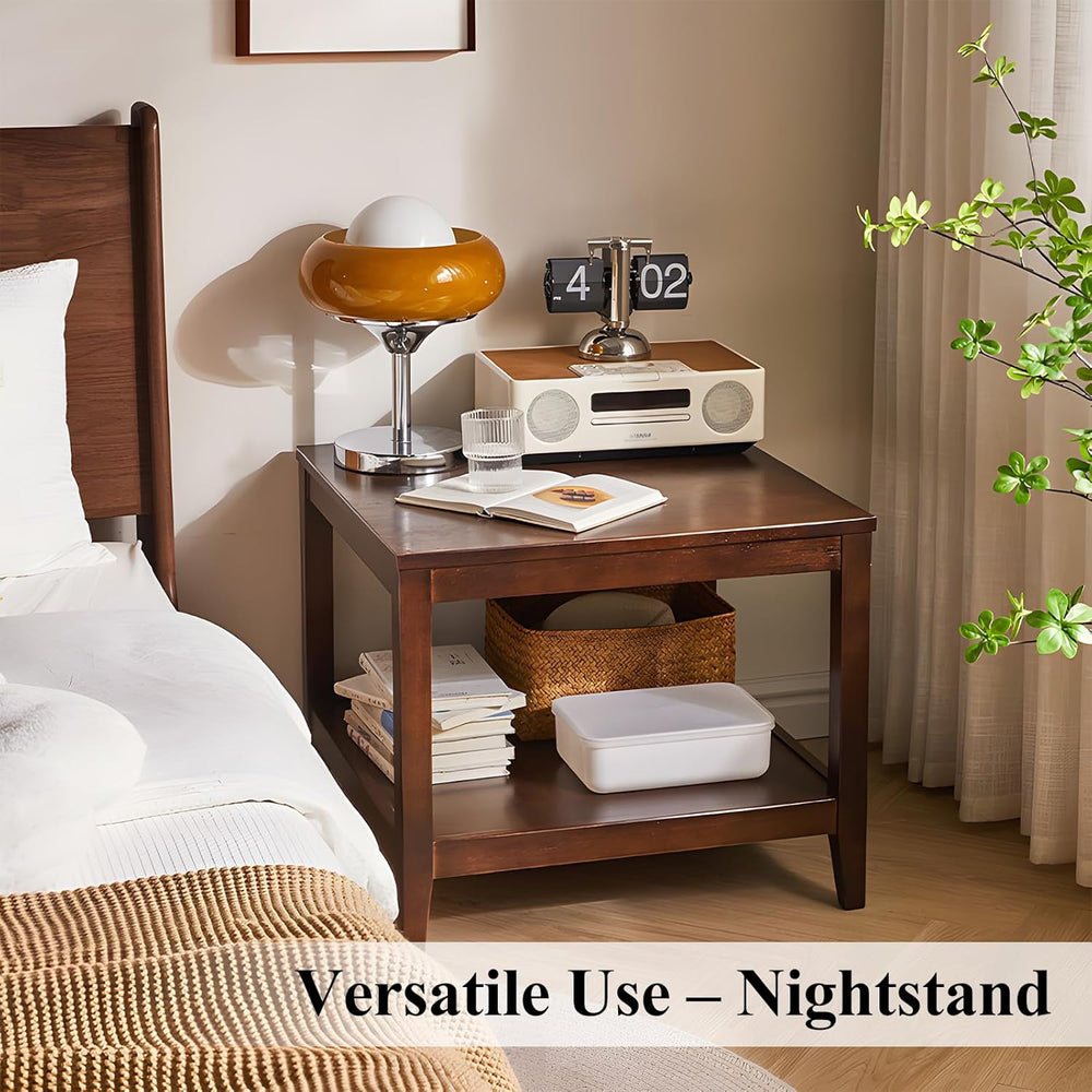 Side Table, Solid Wood Square End Table with Storage Shelf, 2-Tier Coffee Tab...