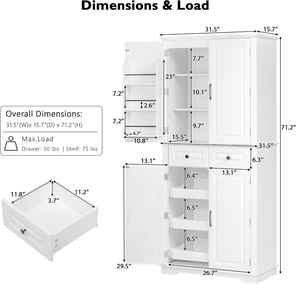 71" Tall Kitchen Pantry Cabinet with Storage, Cupboard for Kitchen