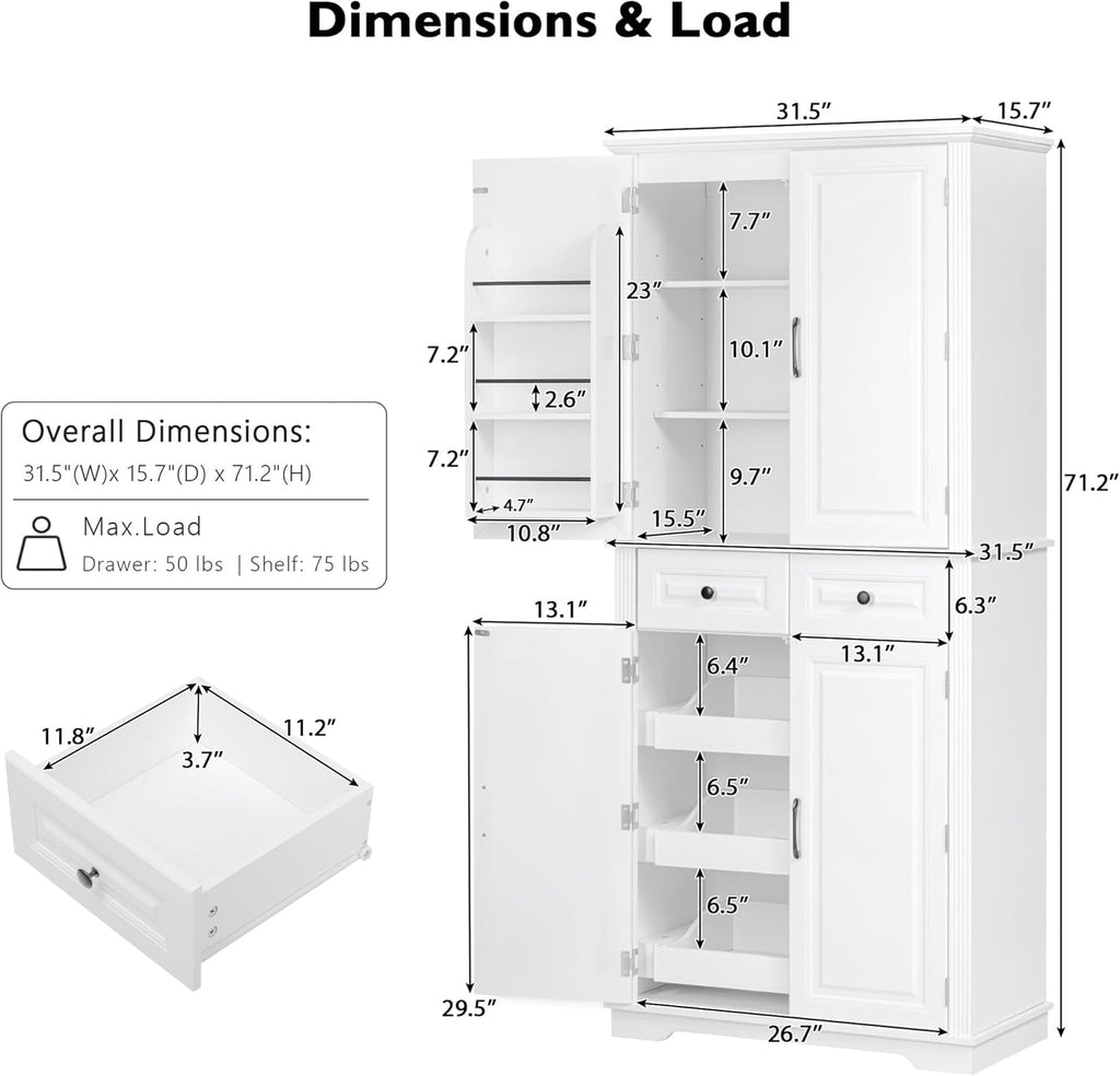 Ball & Cast 71" Farmhouse Kitchen Pantry Cabinet with 3 Pull-Out Organizers, Tall Storage Cabinet with 4 Doors, 2 Drawers, 6 Door Shelves & Adjustable Shelves, Freestanding Cupboard, White