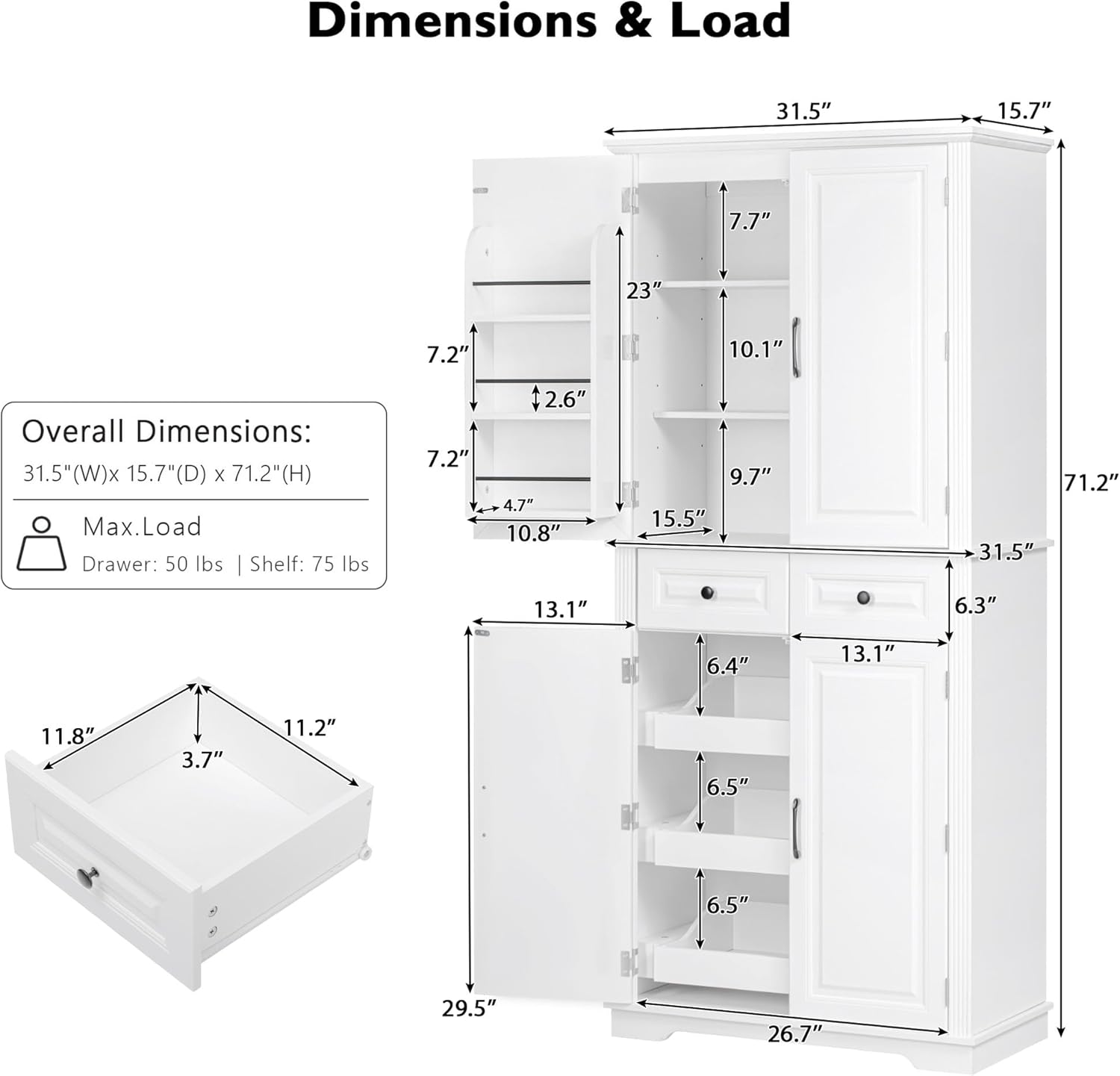Ball & Cast 71" Farmhouse Kitchen Pantry Cabinet with 3 Pull-Out Organizers, Tall Storage Cabinet with 4 Doors, 2 Drawers, 6 Door Shelves & Adjustable Shelves, Freestanding Cupboard, White