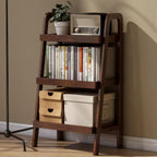 Solid Oak Small Bookshelf, 3 Tier Ladder Shelf Walnut Bookcase | Ladder bookshelf with compact design for small spaces, ideal for books, plants and decor in living room, bedroom and offices.