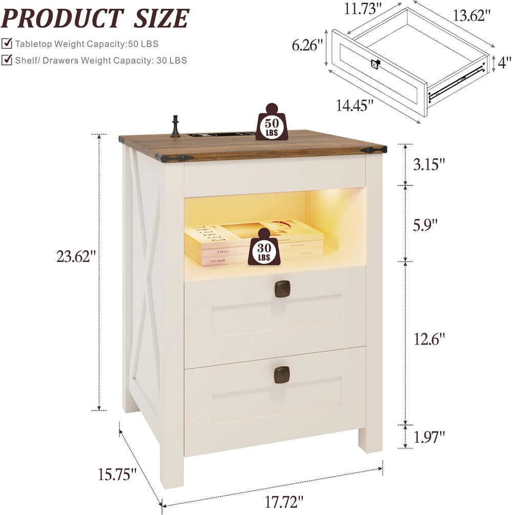 HWB LED Nightstand Set of 2 with Gun Drawer: Bedside Table with Charging Stat...