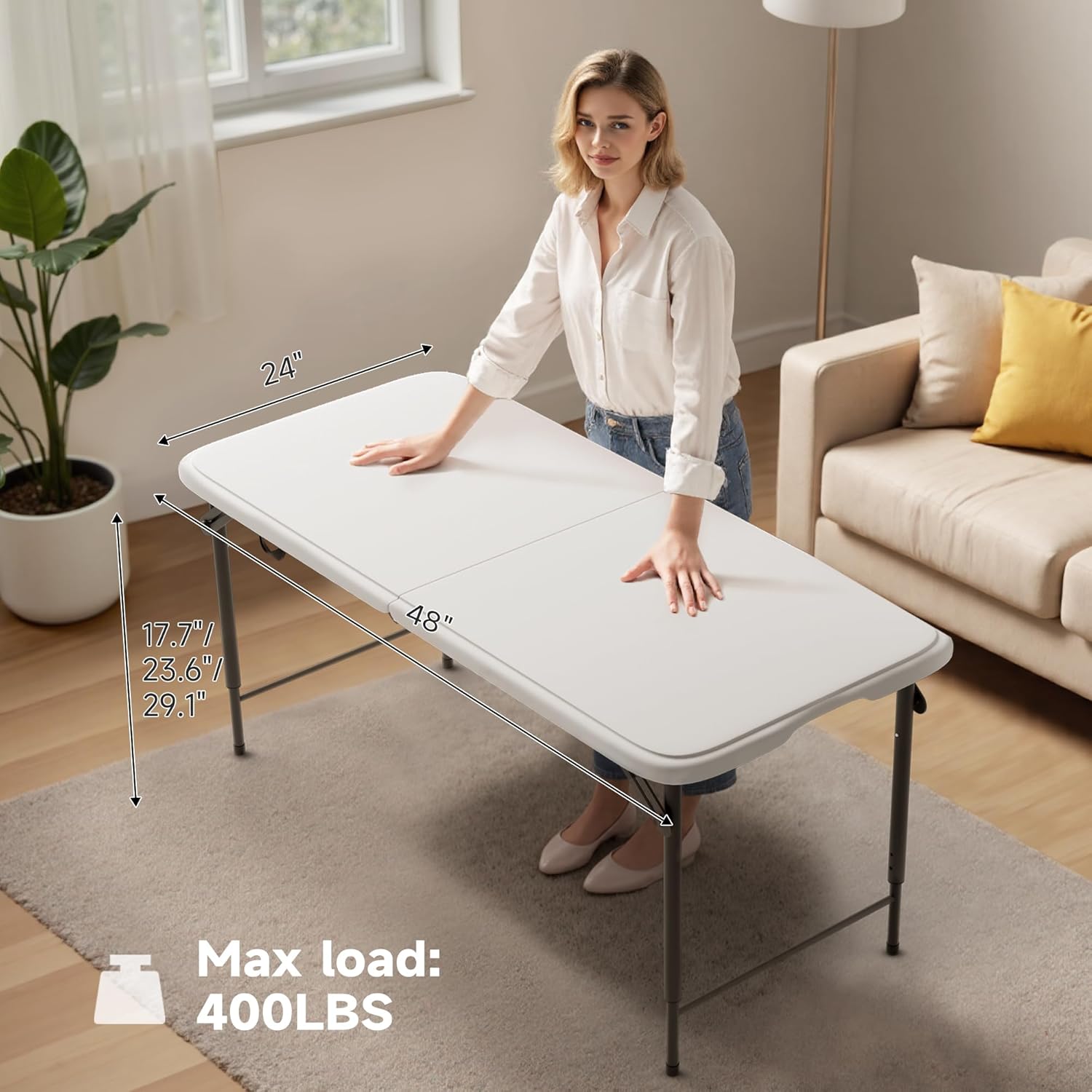 Folding Table 4 Foot - 3-Position Adjustable Height, Heavy Duty 400 lbs Capacity - Portable Tables Folding for Camping, Party, Indoor & Outdoor Use, 1 Pack