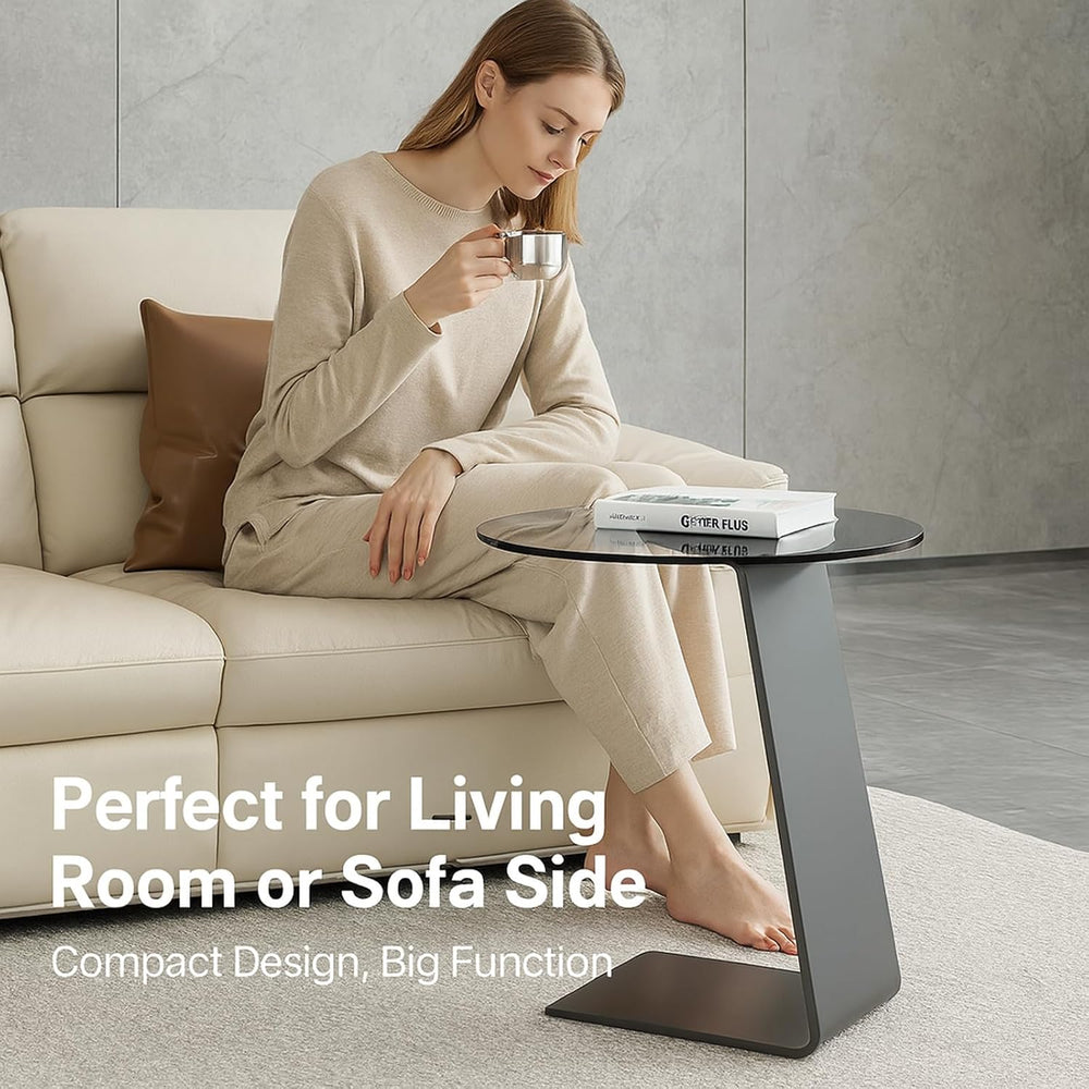 Modern C-Shaped End Table, Tempered Glass Tabletop Couch Side Table, Black Ro...