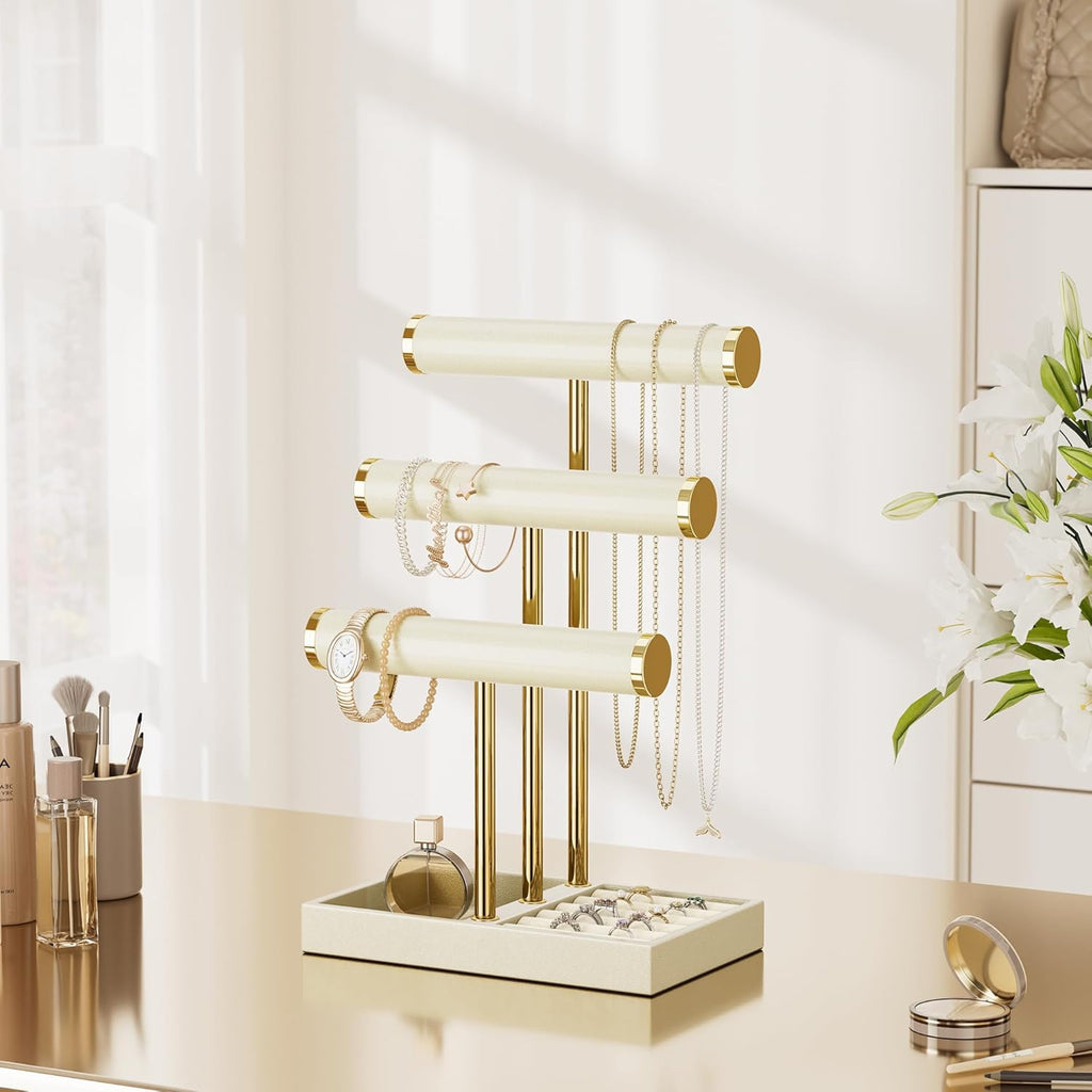 3 Tier Bracelet Holder Display - Beige Leather Bracelet Holder, Detachable T Bar Jewelry Holder Organizer for Bracelet, Necklace, Earrings, Rings, Watches, Bangle