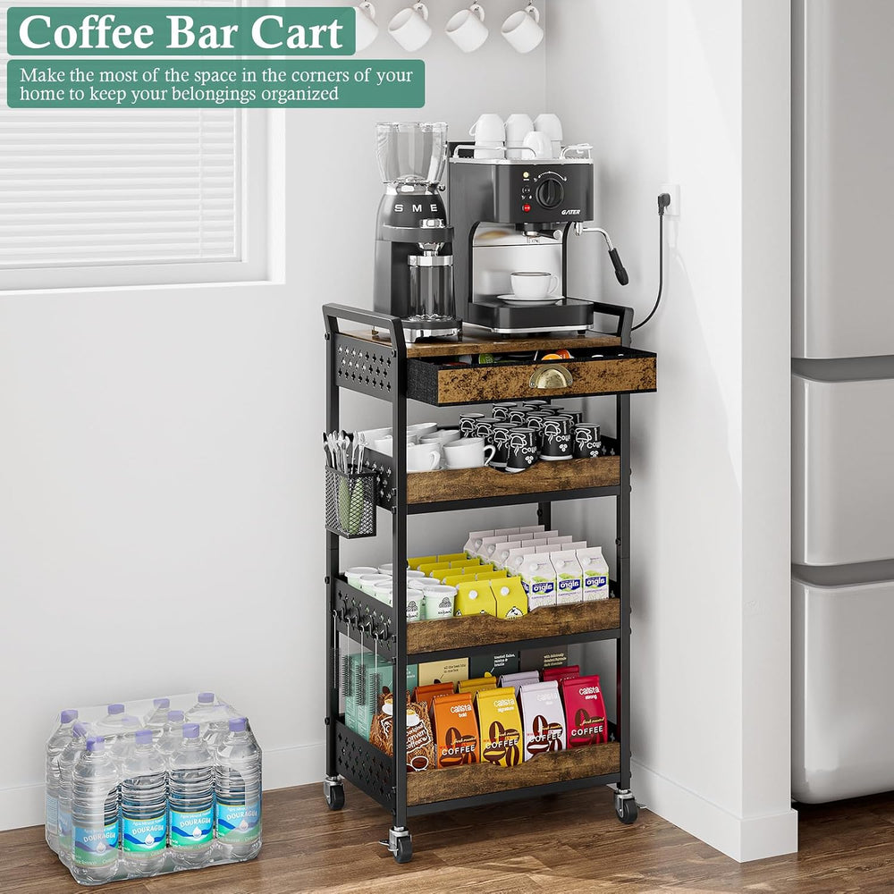 XYZLVSI Rolling Utility Cart, 4 Tier Coffee Cart Station with Drawer | Metal ...