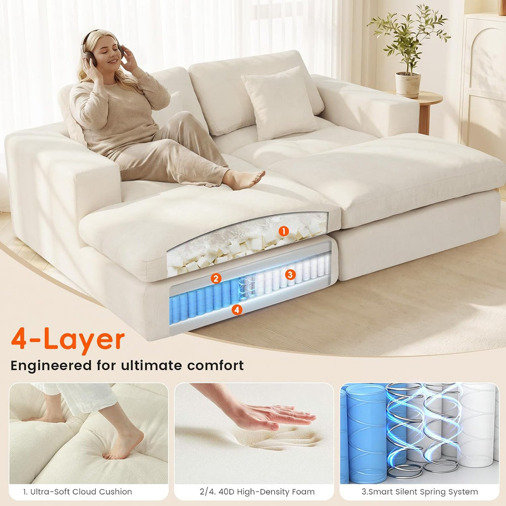 81" Oversized Double Chaise Lounge, Cloud Boneless Sofa Bed, Beige | 59" Deep Seat Couch, Modular Oversized Loveseat, Soft Cloud Sofa, 4 Pillows, 10" Wider Armrests, Chaise Lounge Chair Indoor