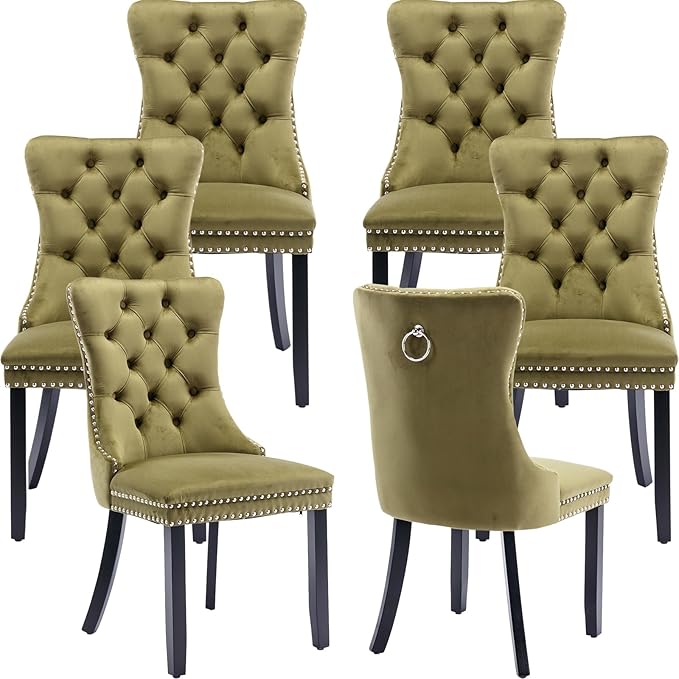 Modern Dining Chairs Set of 6, Tufted Upholstered Dining Chair with Solid Wood Legs, Olive Green Velvet Accent Chair, Sillas de Comedor, 6 Dining Chairs (Olive Green, Velvet, 6Pcs)