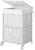 Chrislley 90L Slim Laundry Hamper with Wheels, Rolling Laundry Basket with Lid and Renovable Liner Bag, Handwoven Rattan Organizer for bedroom, bathroom, laundry room (White)