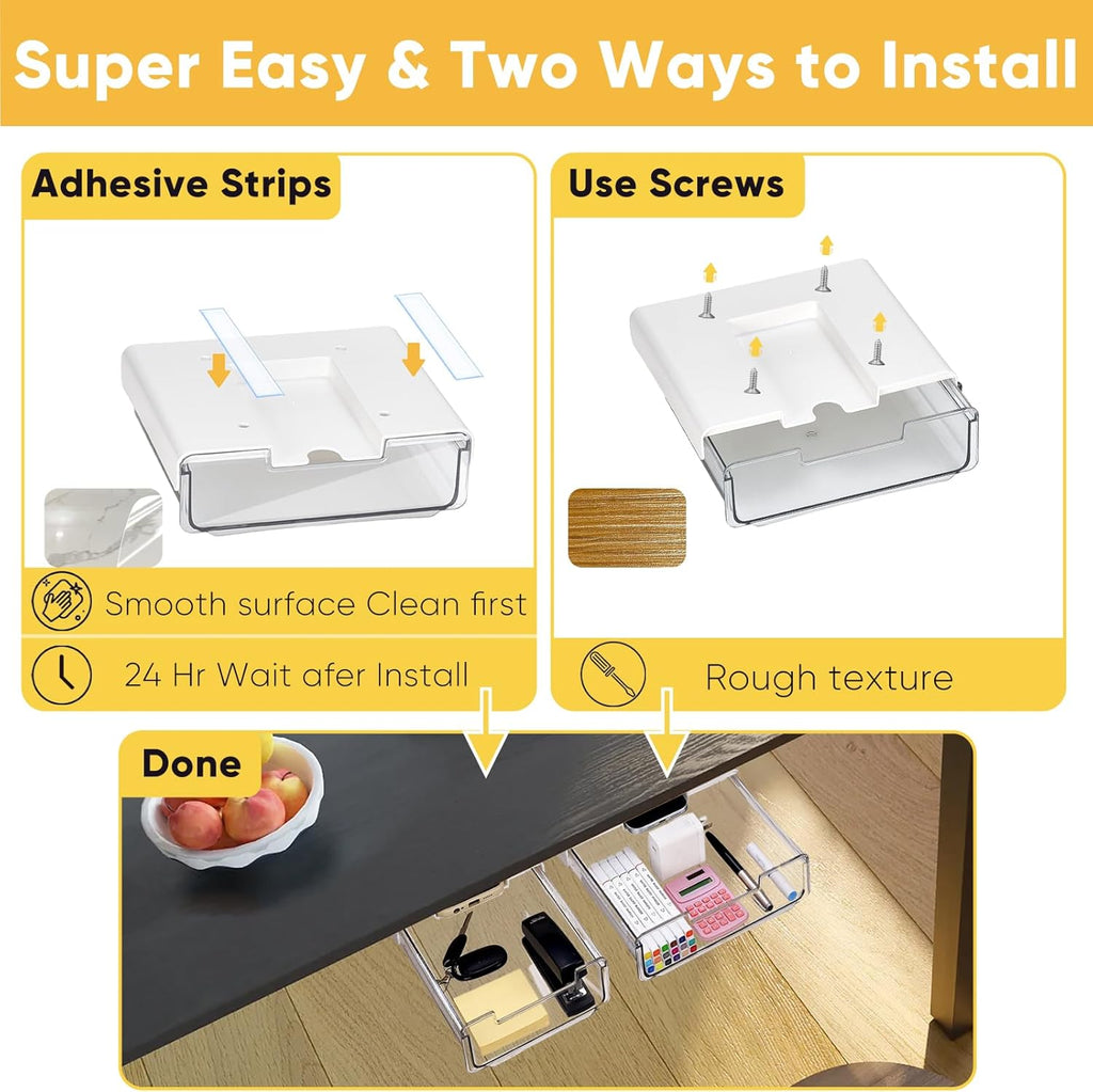 2 Pack Under Desk Hanging Drawer Slide Pull Out, Attachable Clear Acrylic Storage Tray, Easy Hidden Self Adhesive Mount Cabinet Shelf Holder for Tables, Home & Office, Counters, Workstation