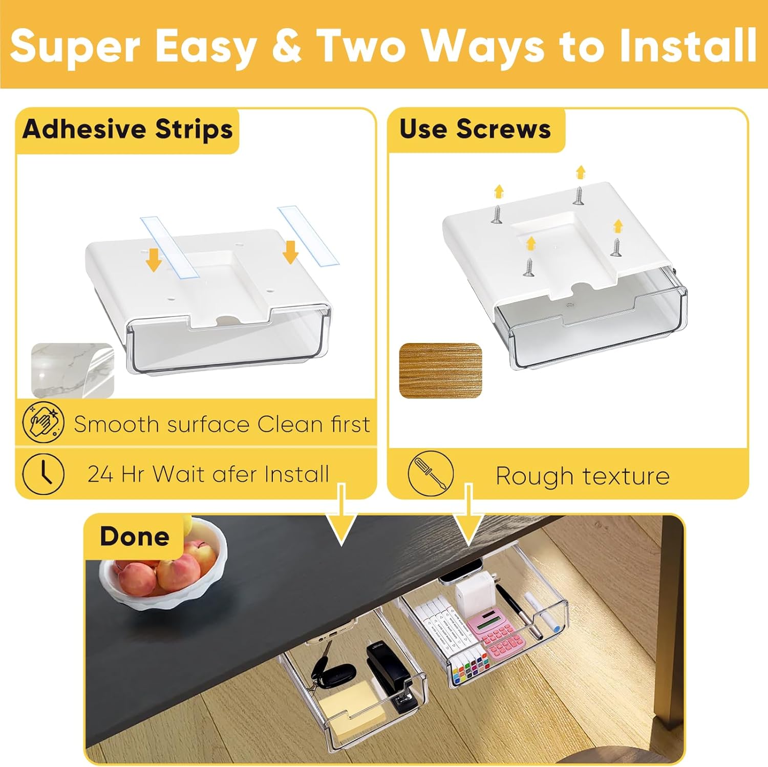 2 Pack Under Desk Hanging Drawer Slide Pull Out, Attachable Clear Acrylic Storage Tray, Easy Hidden Self Adhesive Mount Cabinet Shelf Holder for Tables, Home & Office, Counters, Workstation
