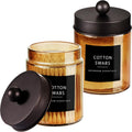 Amolliar Bronze Glass Apothecary Jar With Metal Lid & Stickers, Bathroom Qtip Holder Dispenser Storage Canister, Perfect for Cotton Balls, Cotton Swabs, Makeup Pads, Bath Salt, Floss, 2 Pack (Bronze)