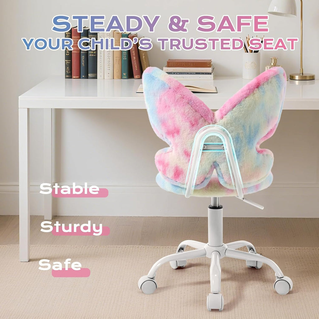 Lessmore Pink Girls Desk Chair - Comfy Swivel Kids Desk Chair for Girls Room, Fluffy Butterfly Kids Office Chair for Reading & Vanity,Pink