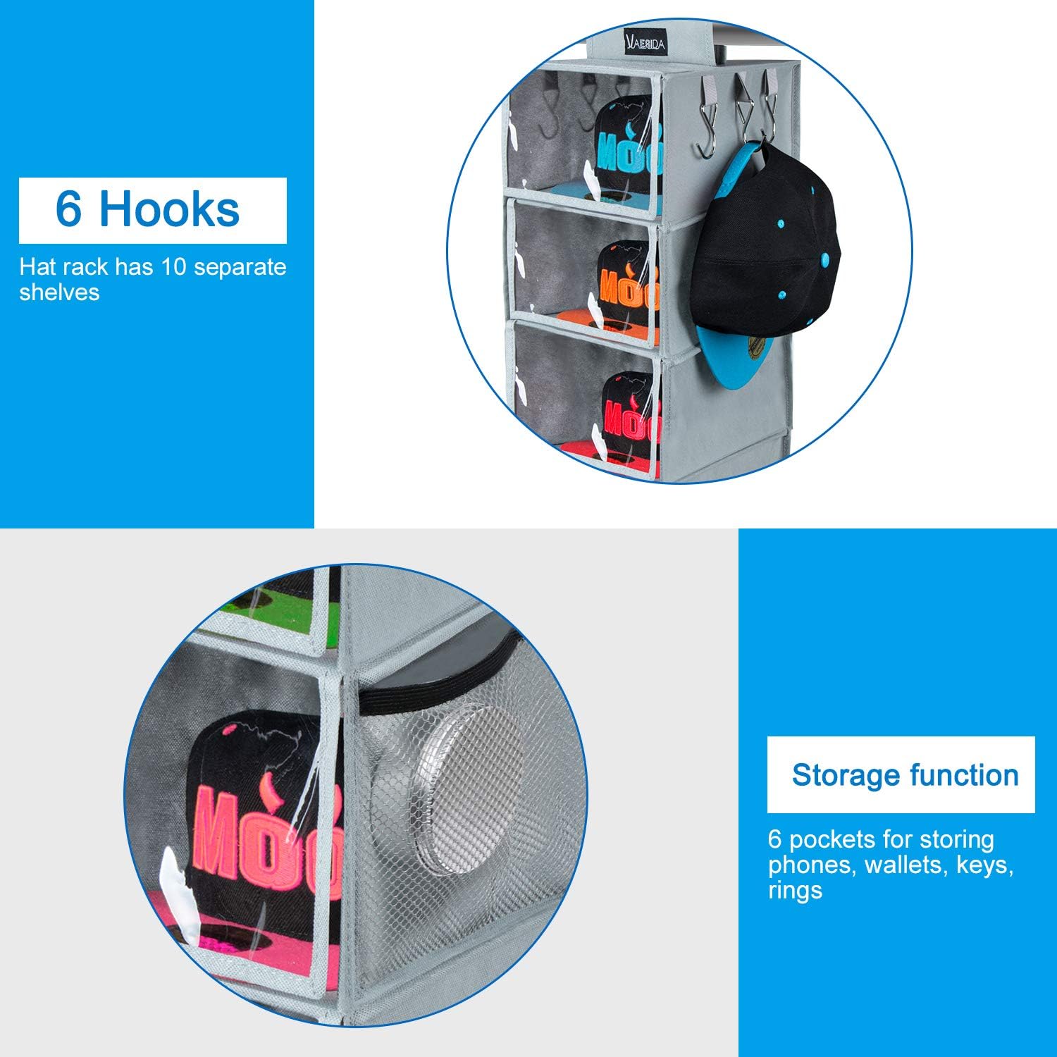 VAESIDA Hat Rack - 10 Shelf Upgraded Version Hat Organizer for Closet with Dust Shield & Side Mesh Storage Pockets - Hat Holder & Hat Racks for Baseball Caps