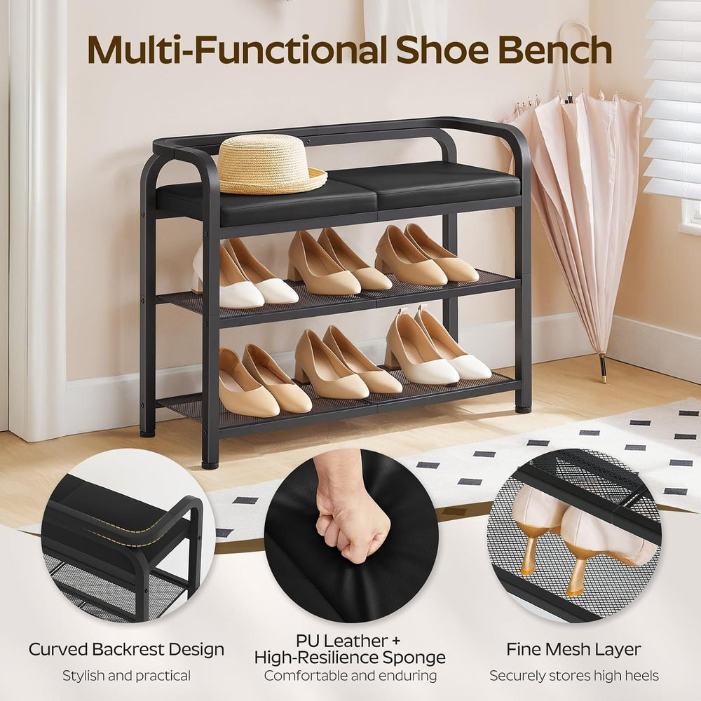 YATINEY Shoe Bench with Backrest, Entryway Bench, 2-Tier Shoe Rack with PU Pa...