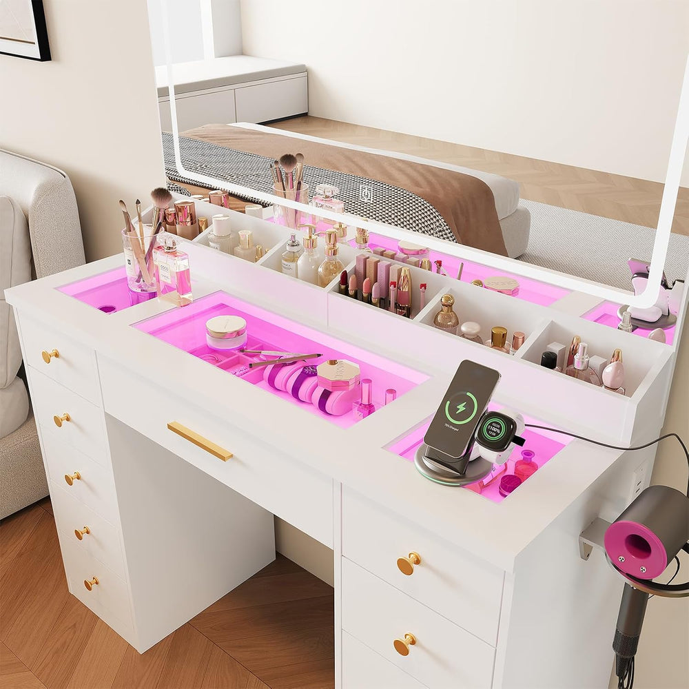 LAKEMID White Vanity Desk with Mirror and Lights,Glass Top Vanity Table with ...