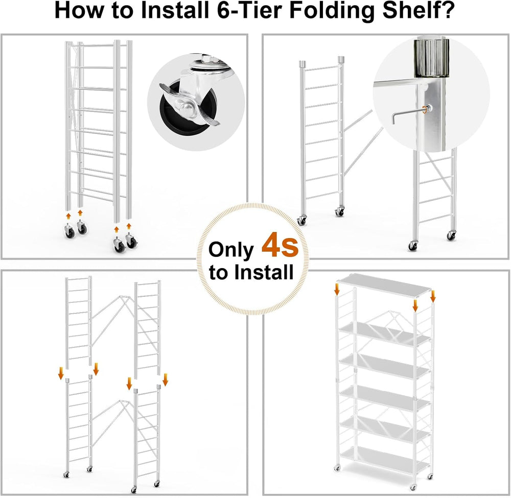 6-Tier Foldable Storage Shelves Expandable Shelf Wheels White 2-in-1