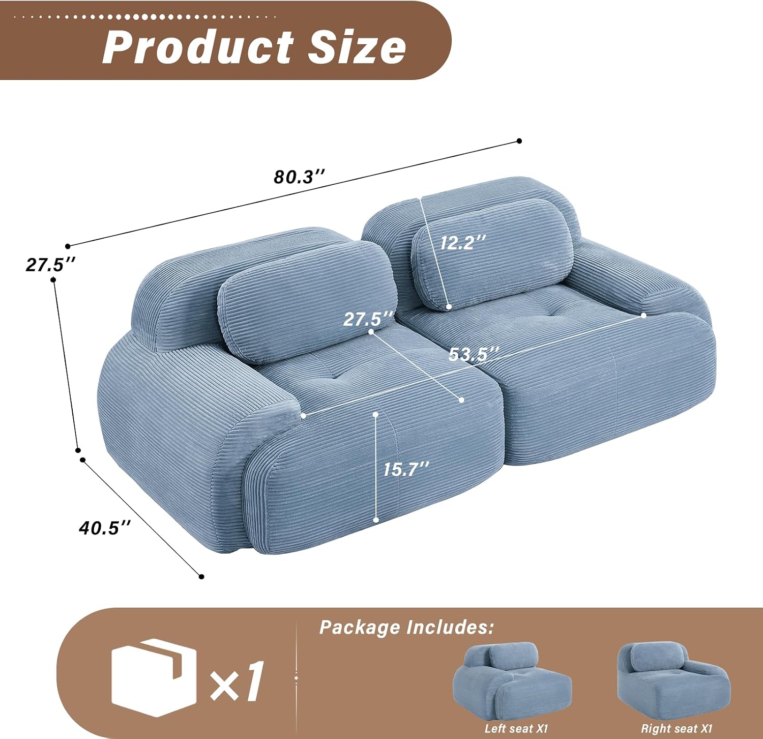81" Loveseat Sofa, Comfy Deep Seat, No Assembly, Sofa in a Box, Modern Small Couch with Plush Corduroy Fabric for Living Room, Bedroom, Apartment, Home Office, Blue