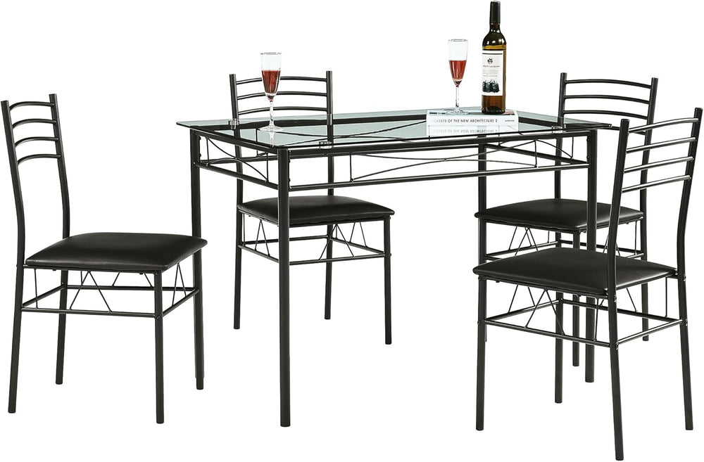 VECELO Kitchen Dining Table and Chairs Set for 4, Padded Seat & Glasses T...
